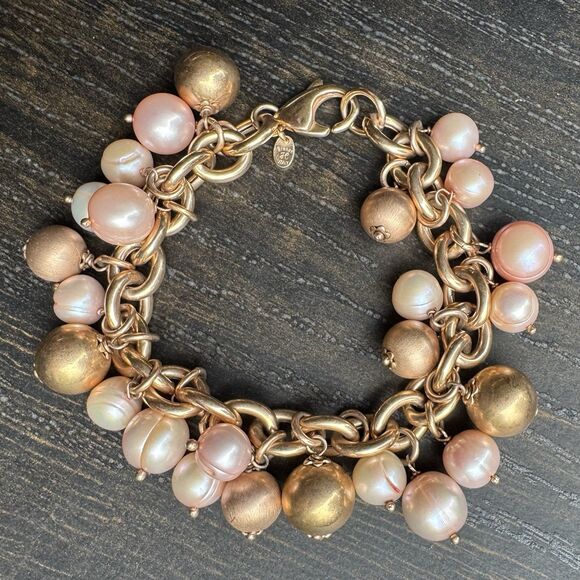 Vintage Honora Bronze Pink Freshwater Cultured Pearl Charm Bracelet 7.5” Italy - Picture 9 of 15